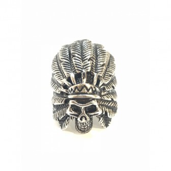 Bague acier tête de mort indien plume BA021