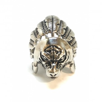Bague acier tête de loup plume BA020